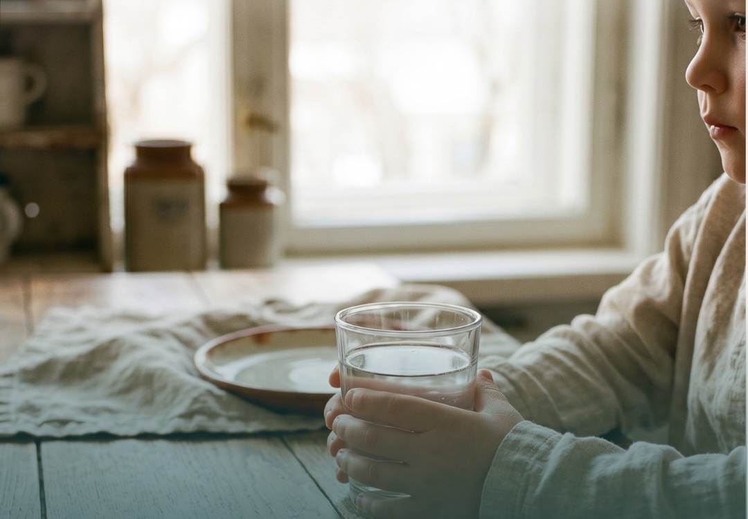 Kind mit einem Glas Wasser am Tisch